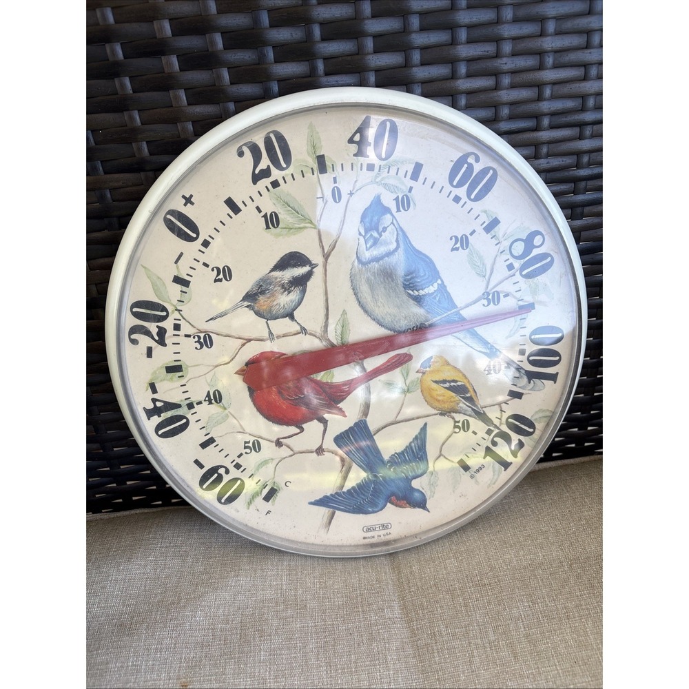 AcuRite Thermometer Songbirds 1993 White Plastic 12.5in Dial Made In USA.